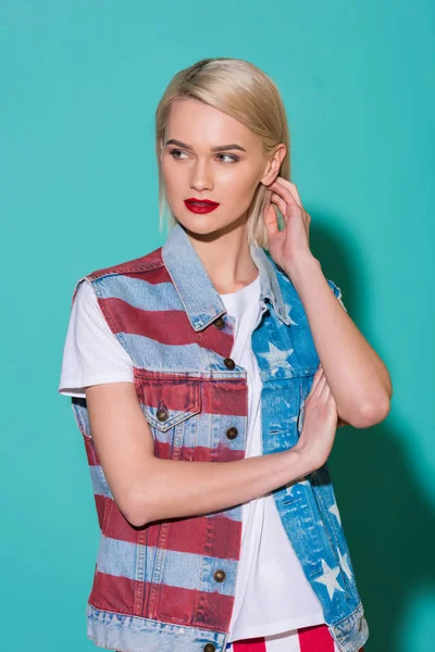 Portrait Stylish Young Woman Denim Jacket American Flag Pattern Posing — Stock Photo, Image