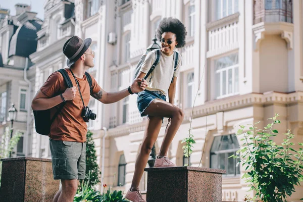Male Traveler Camera Holding Hand African American Girlfriend — Stock Photo, Image
