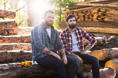 two bearded lumberjacks resting and sitting on logs at sawmill  clipart