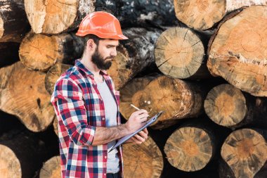 lumberjack in protective helmet writing in clipboard on logs background  clipart