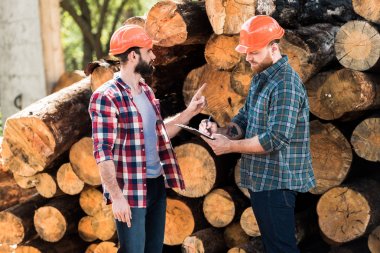 lumberjack in protective helmet pointing by finger on logs to partner while he writing in clipboard  clipart
