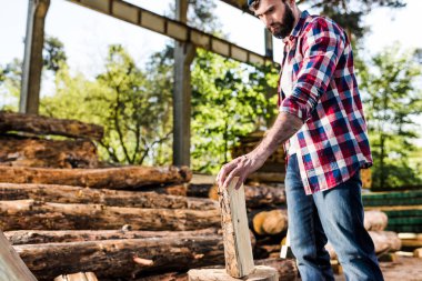 lumberjack in checkered shirt preparing to chop half of log at sawmill  clipart