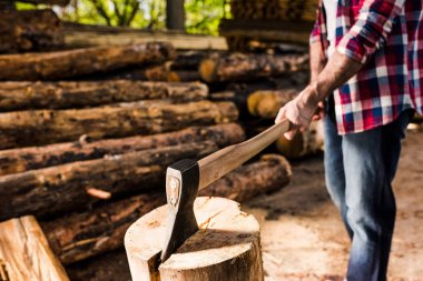 cropped shot of lumberjack in checkered shirt chopping log at sawmill  clipart