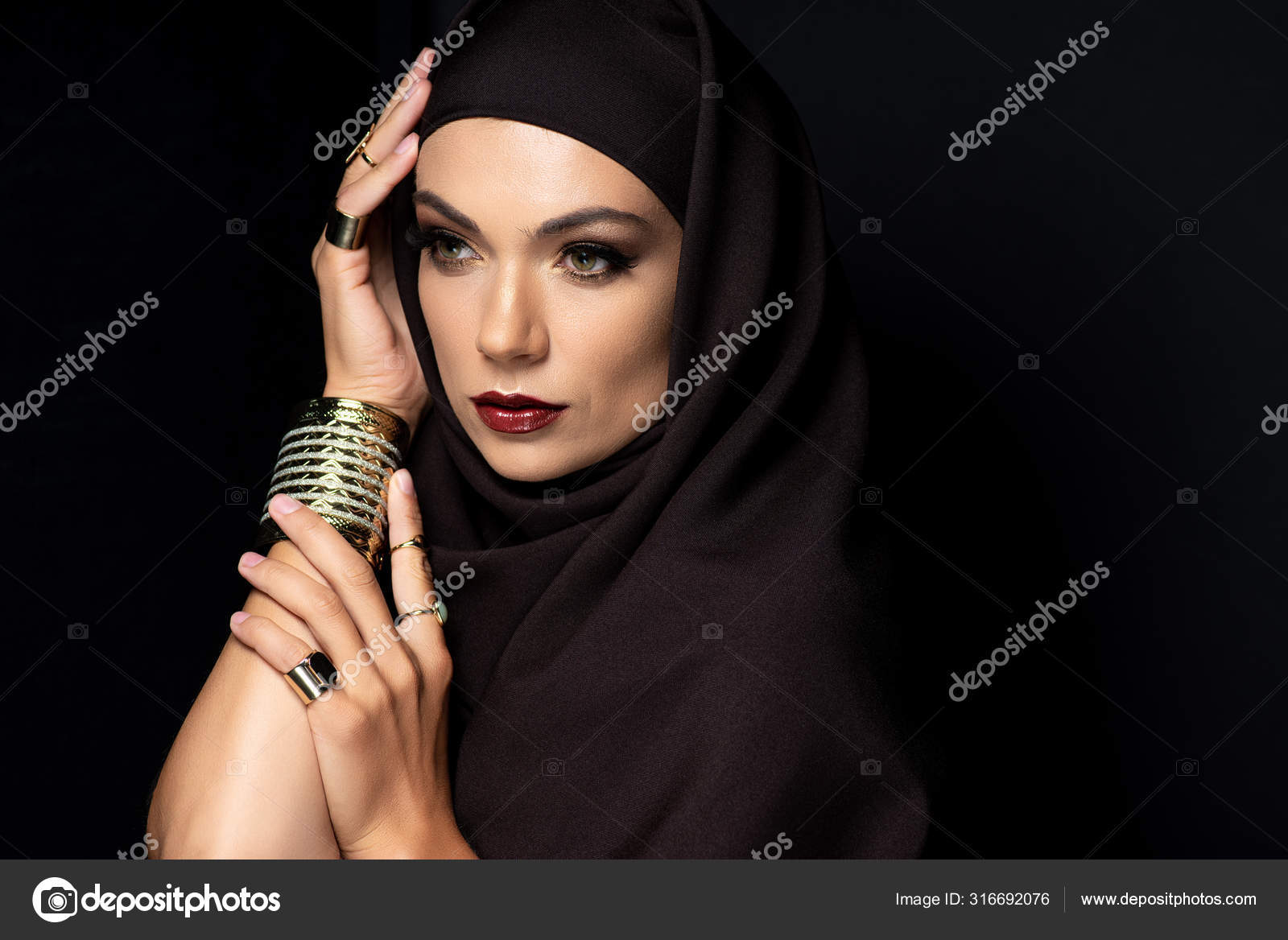 Beautiful Muslim Woman Hijab Makeup Golden Rings Bracelet Isolated