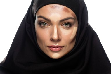 young Muslim woman in hijab with facial contouring isolated on white clipart