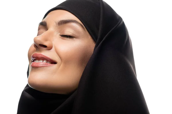 Attractive Smiling Young Muslim Woman Hijab Closed Eyes Isolated White — Stock Photo, Image