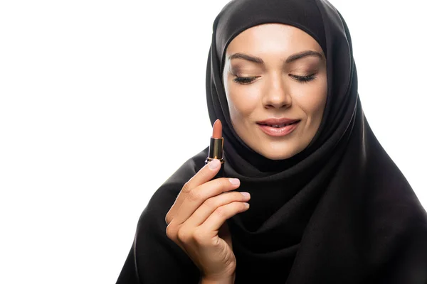 Smiling Young Muslim Woman Hijab Holding Beige Lipstick Isolated White — Stock Photo, Image
