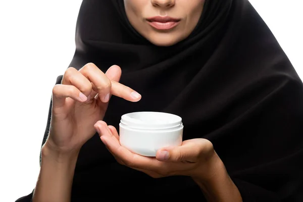 Cropped View Young Muslim Woman Hijab Applying Cream Isolated White — Stock Photo, Image