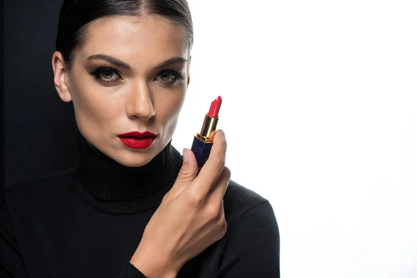 Beautiful Woman Red Lips Holding Lipstick Isolated White Black — Stock Photo, Image