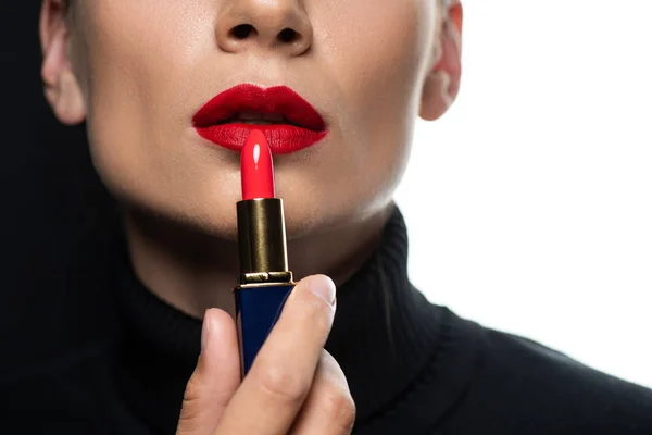 Cropped View Beautiful Woman Red Lips Applying Lipstick Isolated White — Stock Photo, Image