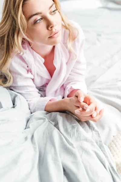 Attractive Girl Lying Clenched Hands Bed — Stock Photo, Image