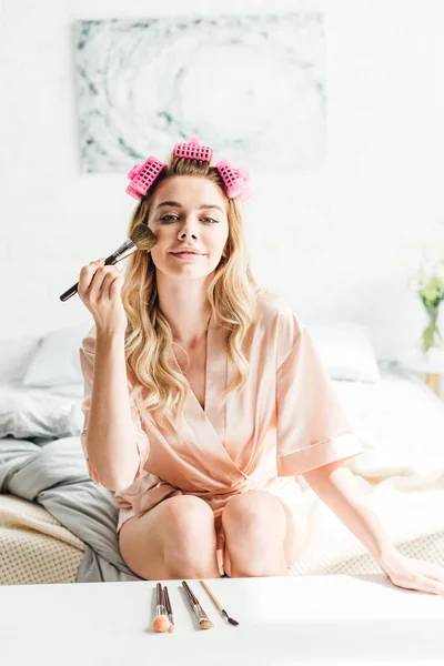 Happy Girl Hair Curlers Holding Cosmetic Brush Face — Stock Photo, Image