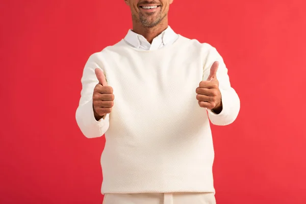 Cropped View Cheerful Man Showing Thumbs Isolated Red — Stock Photo, Image