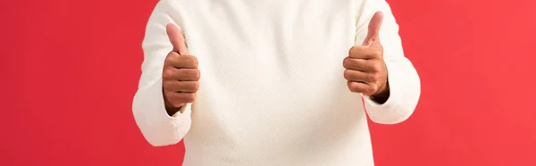 Panoramic Shot Man Showing Thumbs Isolated Red — Stock Photo, Image