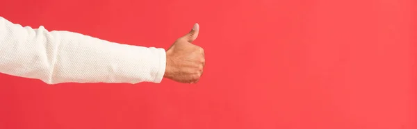 Панорамный Снимок Человека Показывающего Большой Палец Красном Фоне — стоковое фото