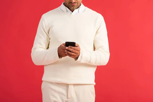 Cropped View Man Holding Smartphone Isolated Red — Stock Photo, Image