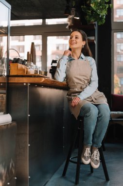 Önlüklü gülümseyen barmen tezgahın yanında oturuyor.