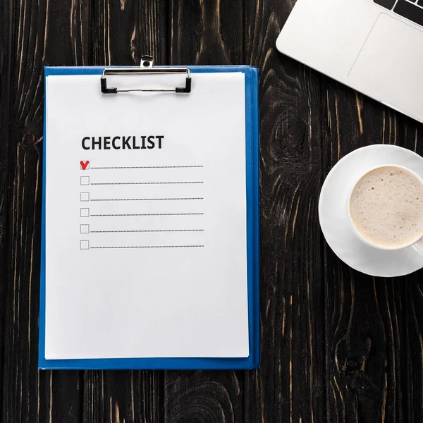 Top View Clipboard Checklist Laptop Cup Coffee Table Commerce Concept — Stock Photo, Image