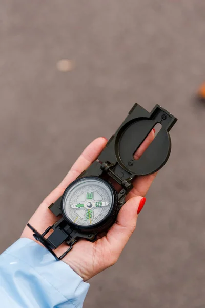 Top View Woman Holding Retro Compass — Stock Photo, Image