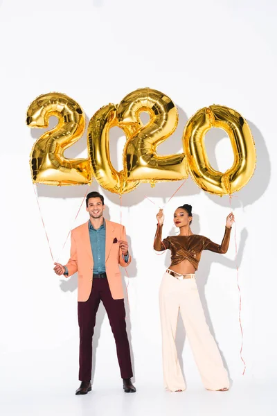 Happy Man African American Woman Standing Balloons White — Stock Photo, Image