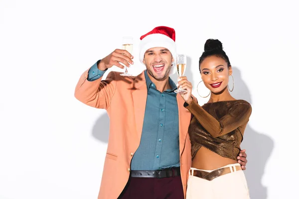 Cheerful African American Girl Holding Champagne Glass Man Santa Hat — Stock Photo, Image