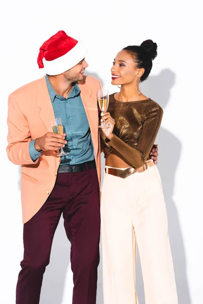 Cheerful African American Girl Holding Champagne Glass Looking Happy Man — Stock Photo, Image