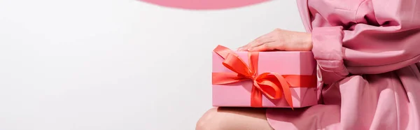 Panoramic Shot Woman Holding Present White — Stock Photo, Image