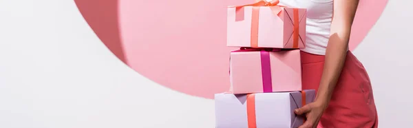 Panoramic Shot Woman Holding Presents While Standing Pink White — Stock Photo, Image