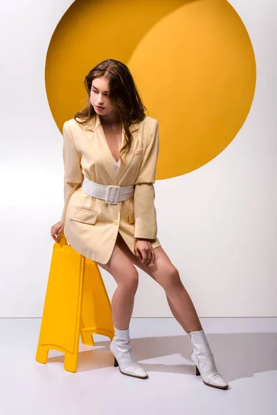 Stylish Woman Sitting Board White Orange — Stock Photo, Image