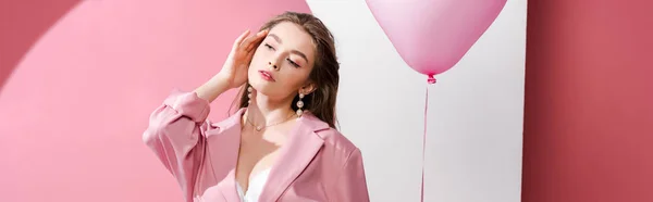 Panoramic Shot Attractive Young Woman Holding Balloon Pink White — Stock Photo, Image