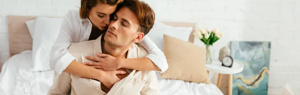 Panoramic Shot Attractive Girlfriend Closed Eyes Hugging Kissing Handsome Boyfriend — Stock Photo, Image