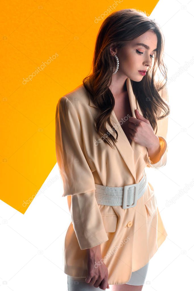 pretty young woman on orange and white 