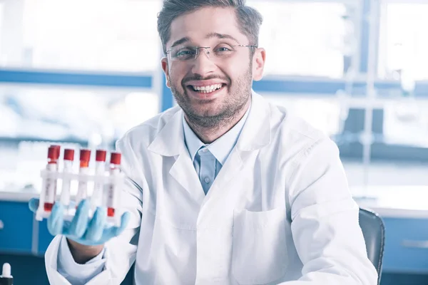 Selective Focus Happy Immunologist Glasses Holding Test Tubes — Stock Photo, Image