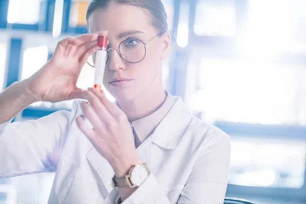 Selective Focus Beautiful Immunologist Glasses Holding Test Tube — Stock Photo, Image