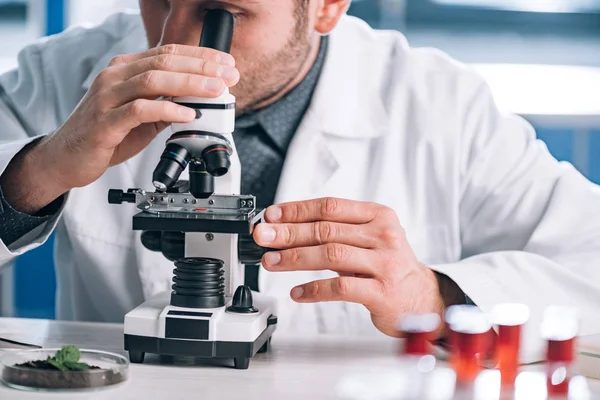 Vista Recortada Del Bioquímico Barbudo Mirando Través Del Microscopio Laboratorio —  Fotos de Stock