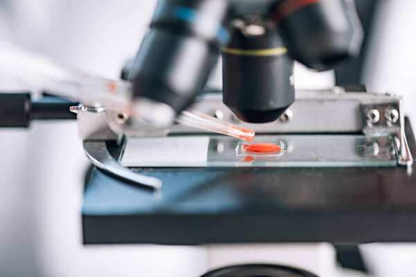 selective focus of red sample in microscope 