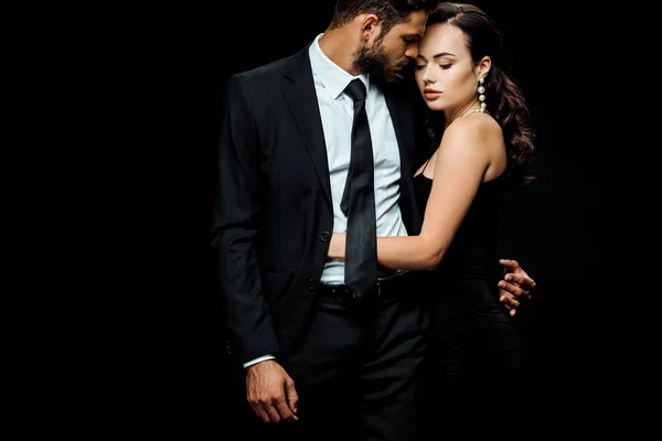 Atractiva Mujer Vestido Abrazando Apuesto Hombre Aislado Negro — Foto de Stock