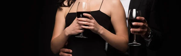 Panoramic Shot Man Woman Holding Glasses Red Wine Isolated Black — Stock Photo, Image