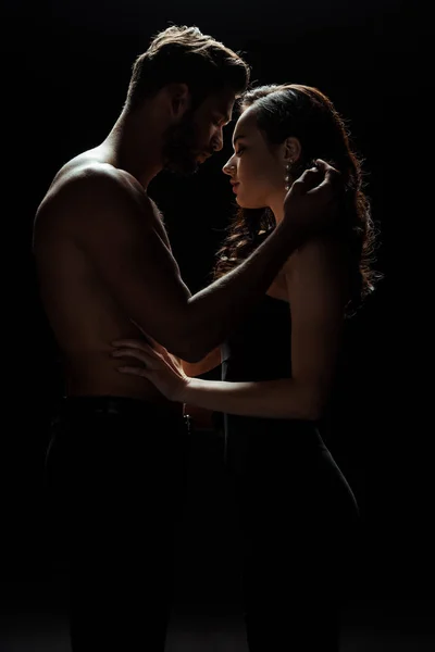 Side View Shirtless Man Touching Attractive Woman Isolated Black — Stock Photo, Image