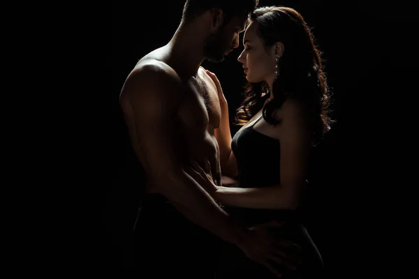 Side View Muscular Man Touching Attractive Woman Isolated Black — Stock Photo, Image