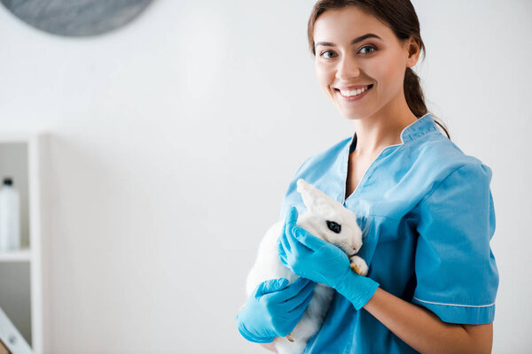 pretty, smiling veterinarian looking at camera while holding cute white rabbit on hands