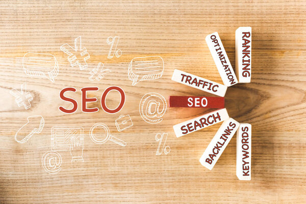 top view of wooden rectangles and illustration with concept words of seo 