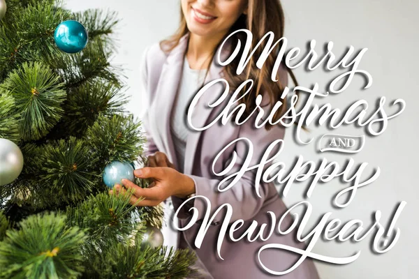 Cropped View Businesswoman Decorating Christmas Tree Merry Christmas Happy New — Stock Photo, Image