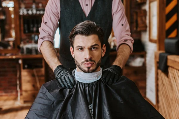 Barber Latex Gloves Putting Hands Shoulders Man Barbershop — Stock Photo, Image