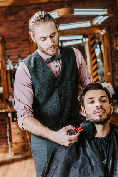 Handsome Barber Holding Cosmetic Brush Face Bearded Man — Stock Photo, Image