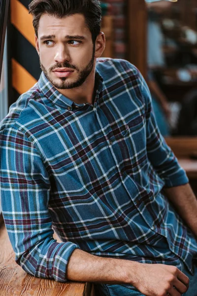 Worried Bearded Man Looking Away Barbershop — Stock Photo, Image