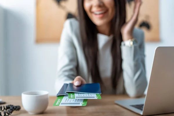 Cropped View Travel Agent Holding Passports Air Tickets — Stock Photo, Image