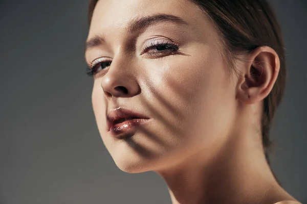 Portrait Girl Shadows Face Isolated Grey — Stock Photo, Image