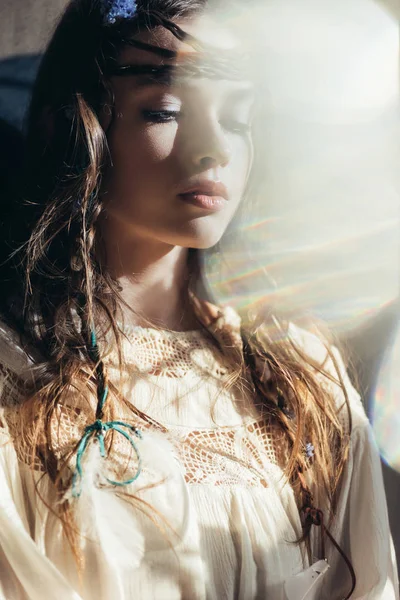 Beautiful Girl Braids Hairstyle Posing White Boho Dress Grey Lens — Stock Photo, Image