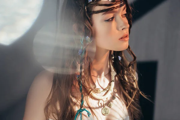 Beautiful Boho Girl Braids Hairstyle Posing Grey Lens Flares — Stock Photo, Image